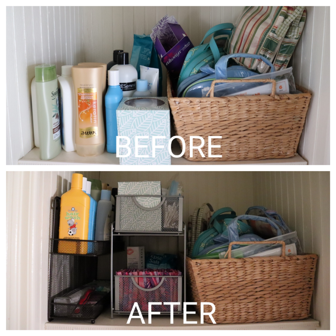 Before and after photo of household items in organizers