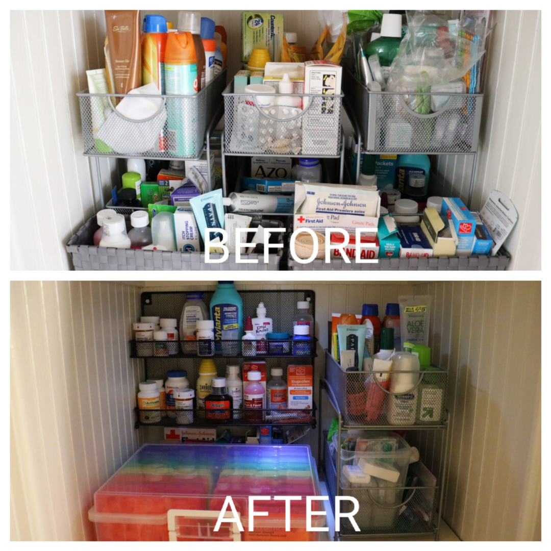 Before and after photo of household items in a bathroom closet