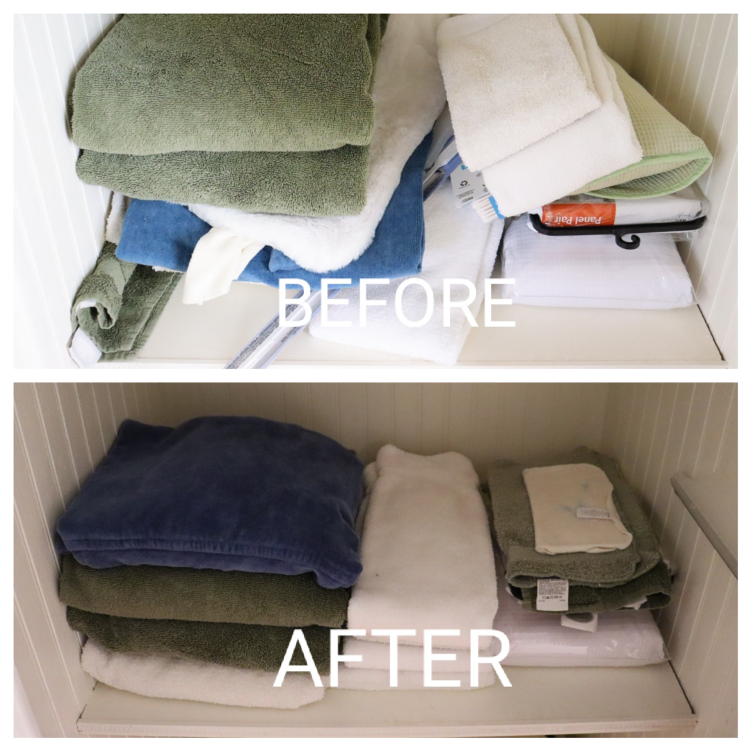 Before and after photo of organized bathroom closet for towels