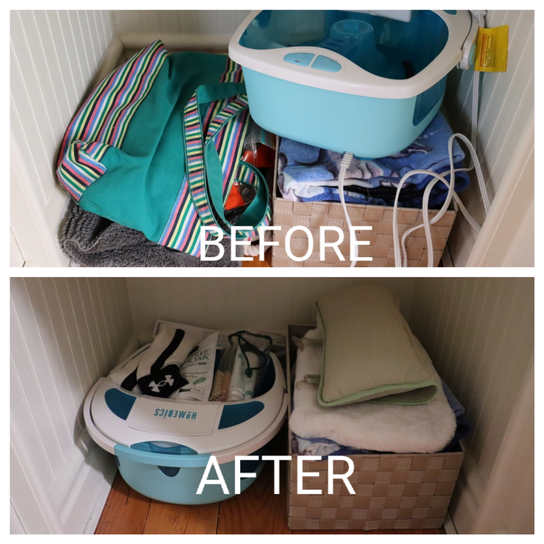 Before and after organization photo of a household closet