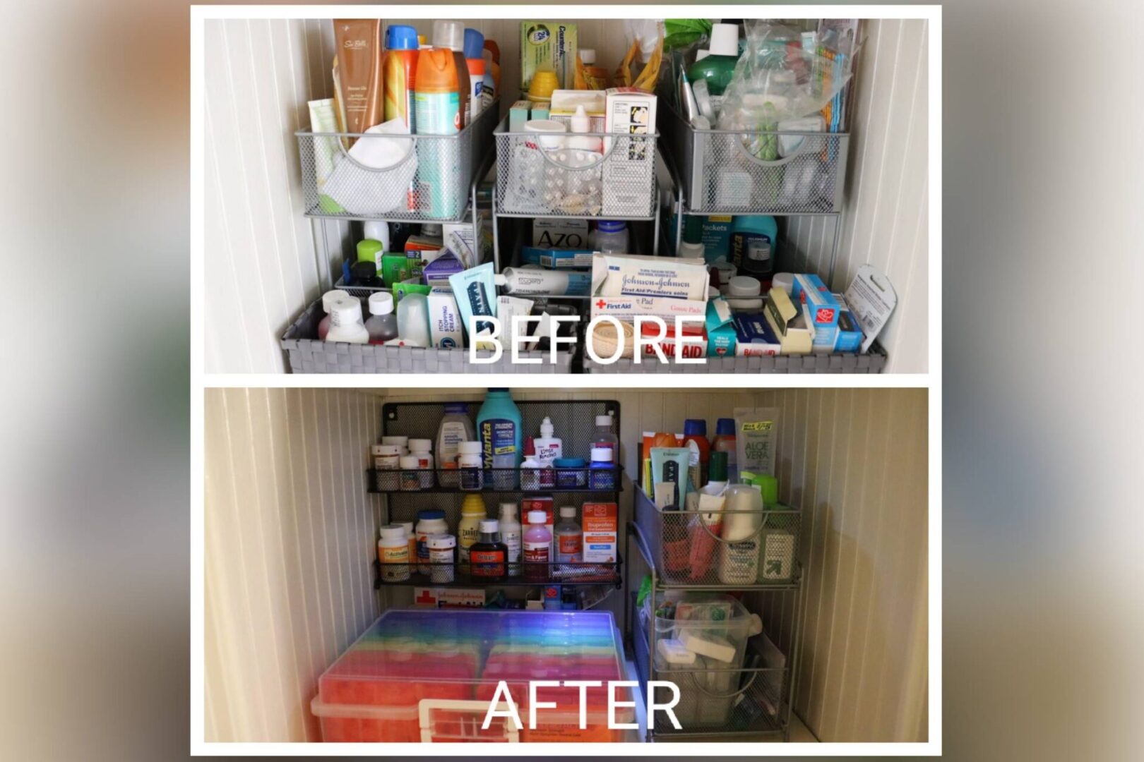 Before and after picture of the organization of miscellaneous household items